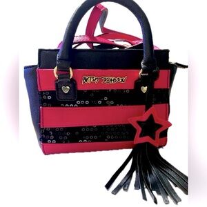 Betsey Johnson Pink Black Sequin Striped Shoulder Hand Bag w/Strap